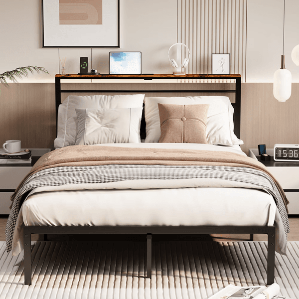 Queen Size Bed Frame With Charging Station Platform Bed With Metal Slats Upholstered Headboard With Storage Shelves No Box Spring Needed Black