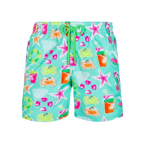 Men's Ocean Theme Print Swim Trunks Quick Dry Beach Shorts Elastic Waist with Neon Green Drawstring for Summer Holiday