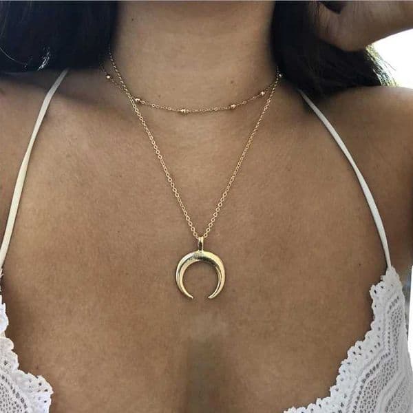 Chain For Man Two Layers Necklace Metal Bead Choker Plated Moon Ox Horn Pendant Silver Gold Color Women Girls woman necklace Gift Crystal