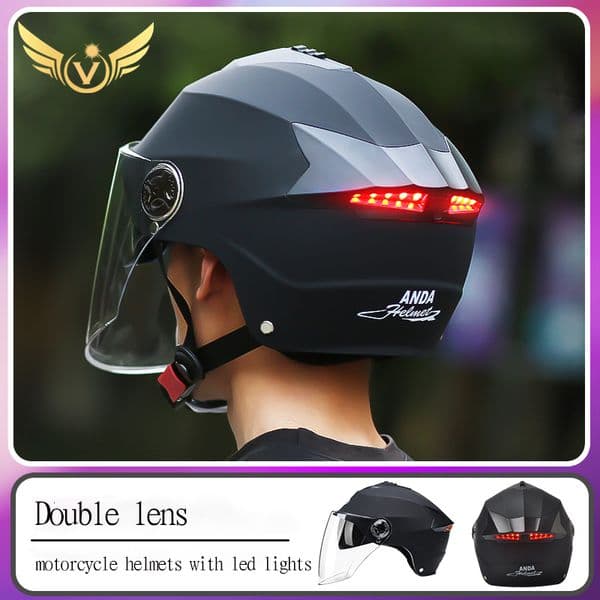 Motorcycle Helmets Led Lights Moped Helmet Electric Scooter For Men Women With Double Visor Rechargeable Bicycle Light Bike L250808