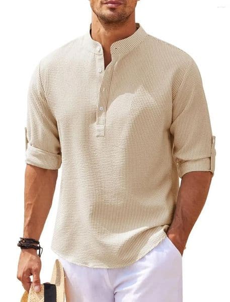 Mens Casual Shirts Shirt Long Sleeve Stand-up Collar Open-button Pineapple Checked Top