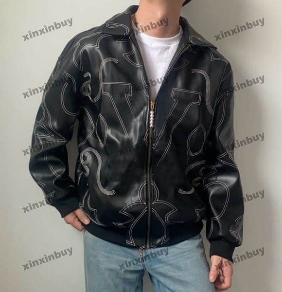 xinxinbuy Men designer Coat leather Jacket Letter embroidery jacquard cotton fabric long sleeve women red black brown khaki blue Apricot M-3XL