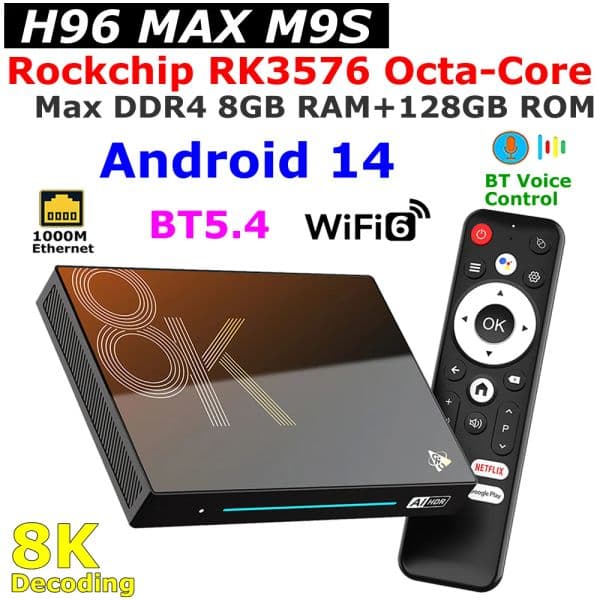 128GB Android 14 TV BOX H96 MAX M9S RK3576 Octa Core DDR4 8GB 1000M LAN USB3.0 Wifi6 BT5.4 8K AV1 4GB 32GB Media Player