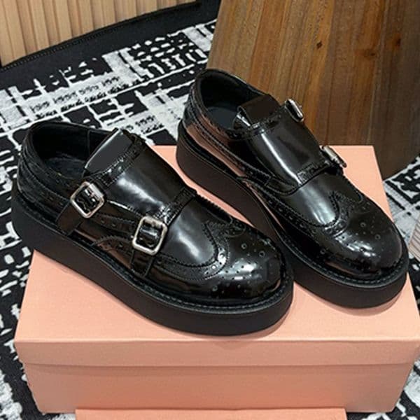 New Season Brushed Leather Double Monk Brogue Shoes Womens Low Help Loafers Comfort Light Leather Shoes Upper Decorative Broguing