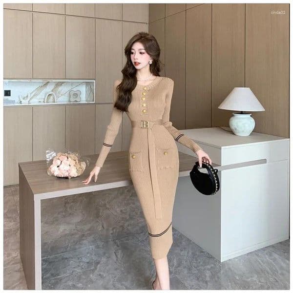 Casual Dresses Designer Midi Long Pencil Dress Woman Autumn Spring Fashion O Neck Sheath Elegant Knitted For Women