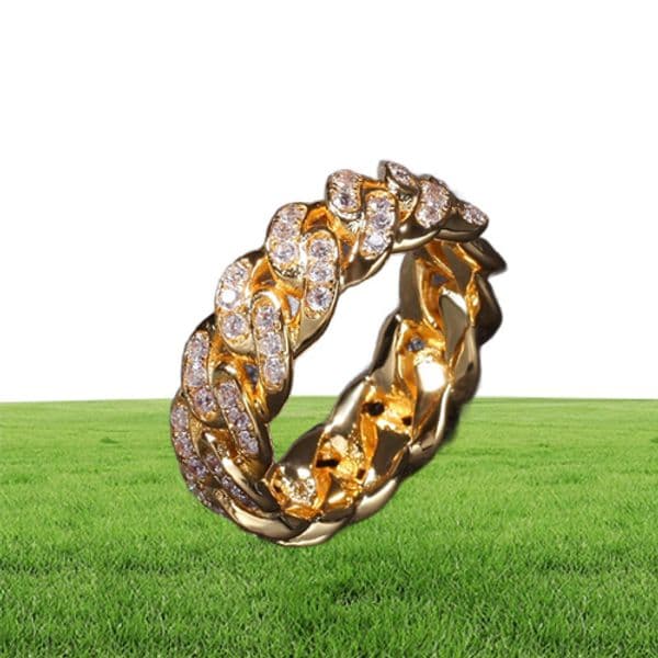 Hip Hop Punk Ring Cuban Link Chain 8mm Zirconplated Real Gold Trend Men039s Ring Rock