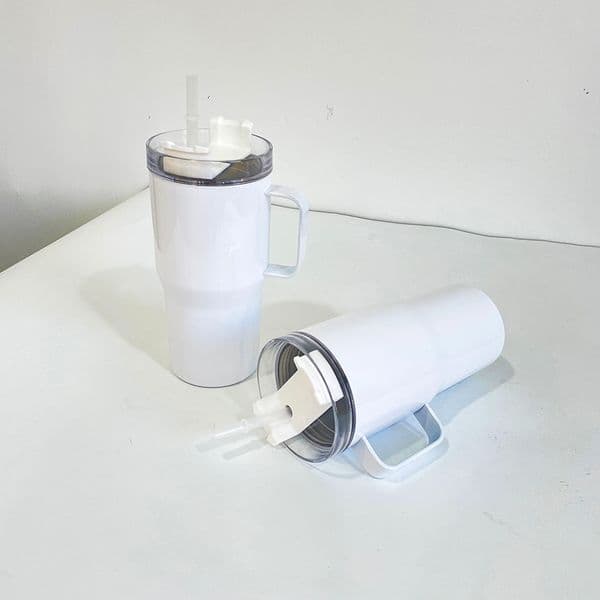 Kids' Travel Coffee Cup 20oz Stainless Steel Vacuum Insulated Mug with White Sublimation Design, Handle, and Lid