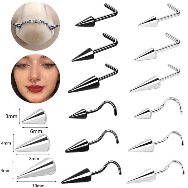ZS 20G Black Spike Nostril Piercings Stainelss Steel Cone Nose Studs Doule Nose Piering Jewelry Long Spike Nostril Ring Chain
