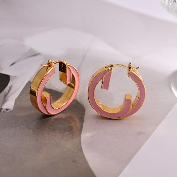 Designer Fashion Hoop earrings Enamel Pink/White 18 karat gold High quality stamped designer jewelry designed for ladies wedding parties
