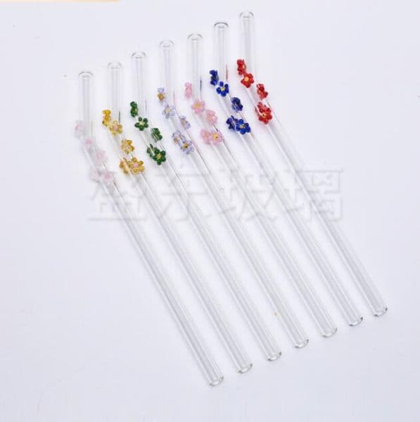Reusable Eco Borosilicate Colorful flower glass straws High temperature resistance Clear Colored Bent Straight Milk Cocktail Straw