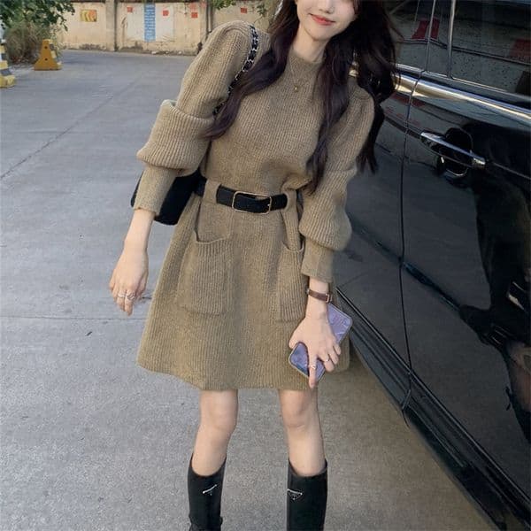 Knitted Sweater Dress Autumn and Winter New Korean Style Waist Cinching Slimming Double Pocket Soft and Straight Tube Mid Length Sweater for Women