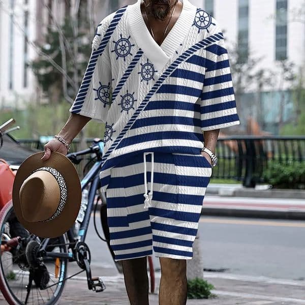 2024 Summer Set Loose Casual Sports Suit High quality Jacquard V neck Short sleeved Shorts Two piece Mens Clothing 240810