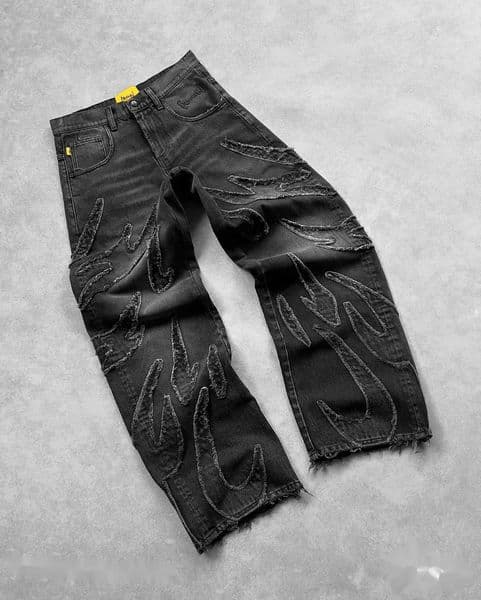Men's Jeans Y2k Retro Black Baggy Jeans for Men Hip Hop Punk Raw Edge Embroidery Jeans Vintage Pattern Patchwork High Waisted Denim Pants T240819