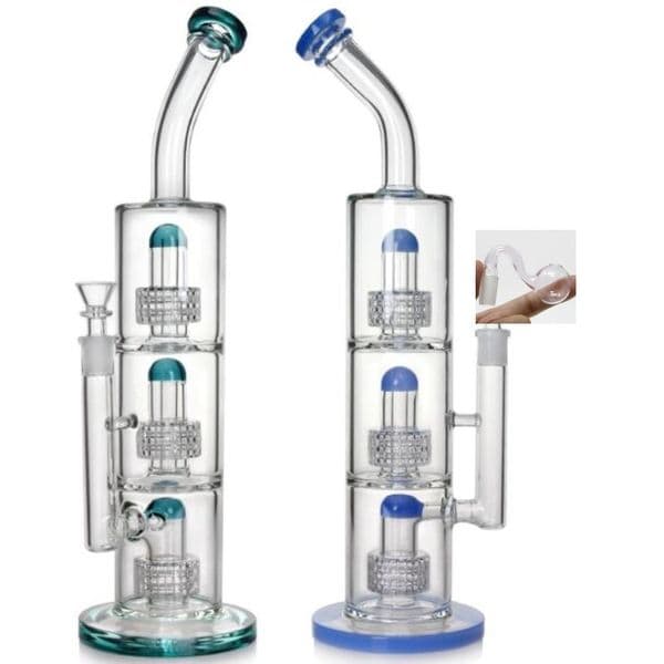 Blue Three Layers Glass Water Bongs Eight Perc Trees Bent Neck Glass Water Pipes 14mm Joint 15.5 Inch Tall oil burner black tall