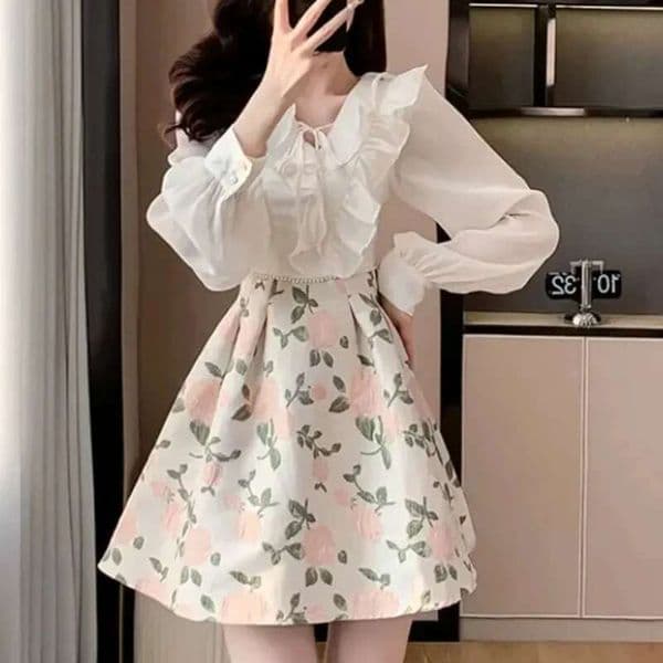 Female Dress Ruffle Chic and Elegant Pretty Printing Casual Women's Long Sleeve Dresses Youth Clothes Cheap Beautiful A e Y2k