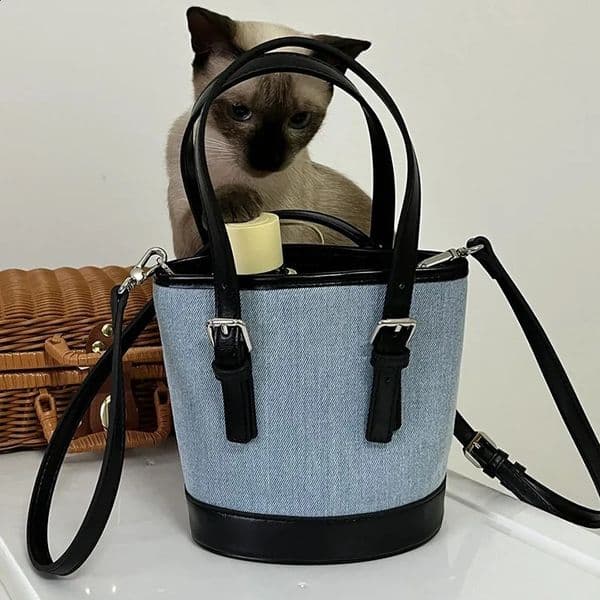 Small and Versatile Denim Spliced Bucket Bag Autumn and Winter Korean Version Hand-held Shoulder Bag Crossbody Womens Bag 240830