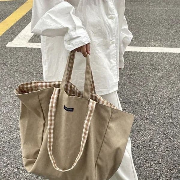 Women Canvas Shoulder Bags Plaid Double-side Large Capacity Handbags Female Shopping Portable Lazy All-match Foldable Tote Bag 240830
