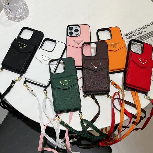 Luxury Multi Card Pocket Phone Case for iPhone 16 15 14 Plus 13 12 11 Pro Max Retro Letter Cross Leather Protection Back Shell Shoulder Bag Corssbody Strap Cover