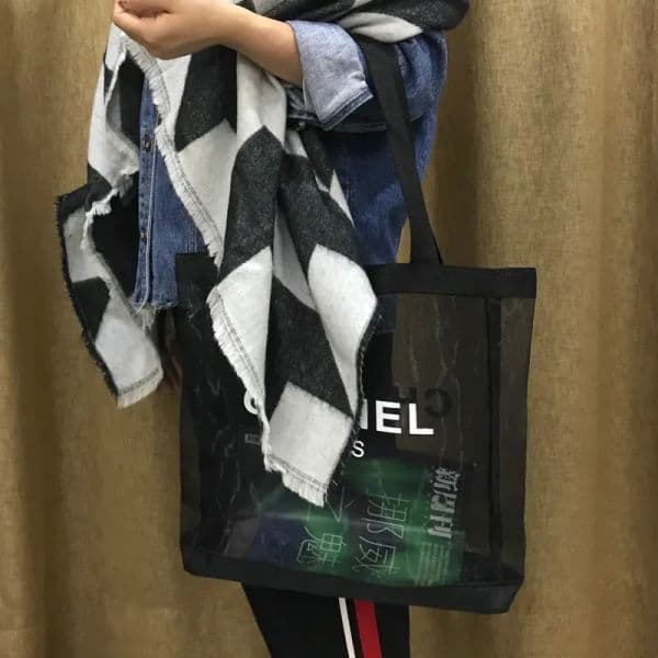 Designer Black Mesh Shoulder Bag women fashion Shopping Bag White Offset Printed Letter Logo Transparent Shoulder Beach Portable Environmental