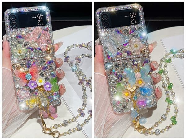 Zflip7 Bling 3D Flower Butterfly Cases For Samsung Galaxy Z Flip 7 6 5 Fold 4 3 Fold7 Luxury Rhinestone Hard PC Plastic Diamond Crystal Lady Cover Beads