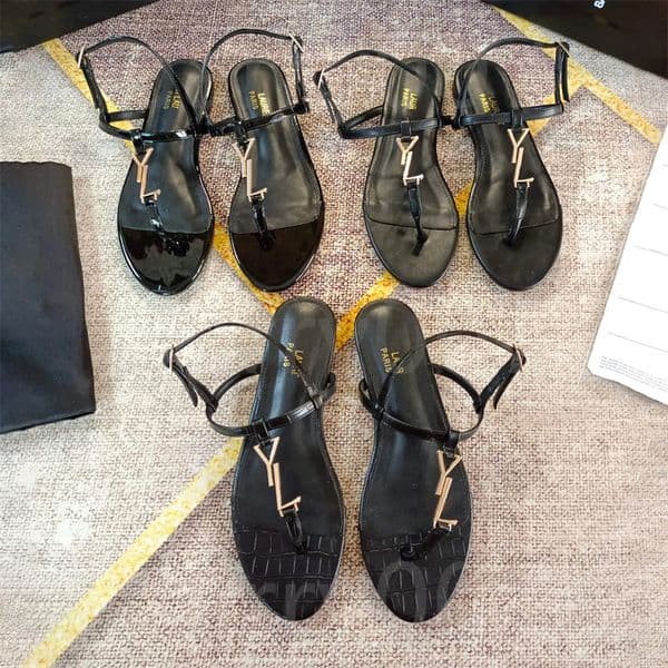 Woman Sandals New arrival designer Flat sandals beach flip flops slides metal strip Black Patent Leather Women Tribute Real Leather Letter metal buckle women shoes