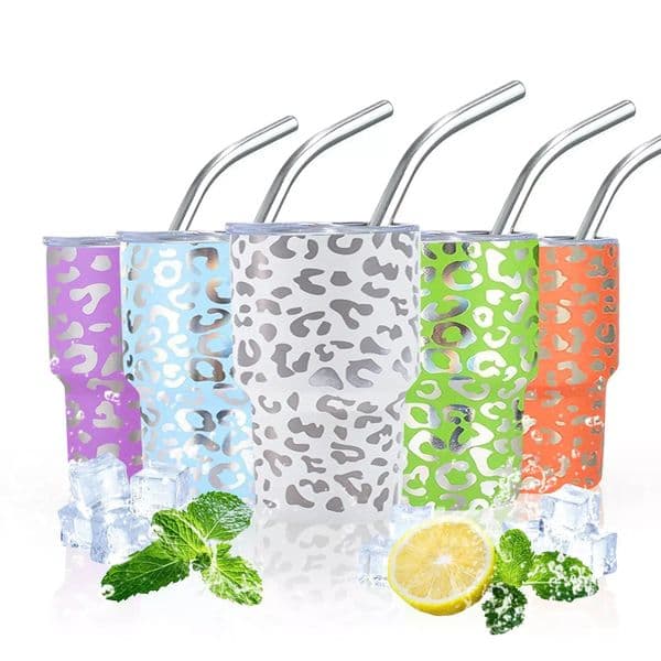 Mini Cup 3oz Leopard Cheetah Disign Mug Insulated Stainless Steel Straw Tumblers Cute Tumbler Sublimation Shot Glass