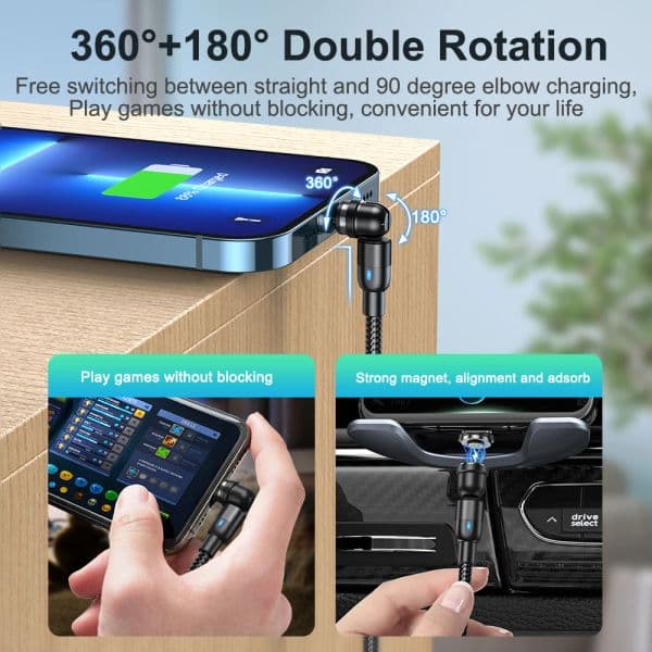 AUFU 540 Rotate Magnetic USB Type C Cable for Realme Samsung Huawei 3A Fast Charging Micro USB Magnet Charger Cord for iPhone 14