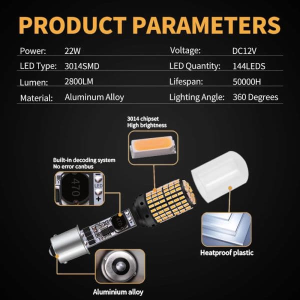 2PCS Car LED Bulbs 1156 BA15S P21W BAU15S PY21W 1157 BAY15D 7440 7443 3157 144SMD CanBus Lamp Reverse Turn Signal Light