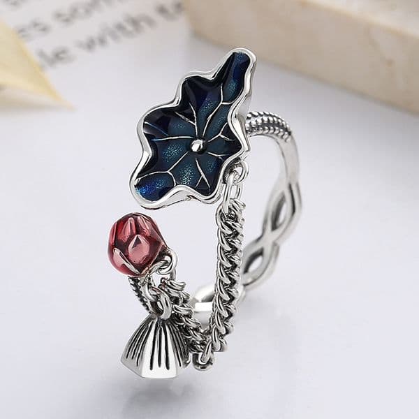 925 Sterling Silver Vintage Enamel Colored Lotus Leaf Charms Rings for Women Ethnic Style Chain Tassel Adjustable Open Ring