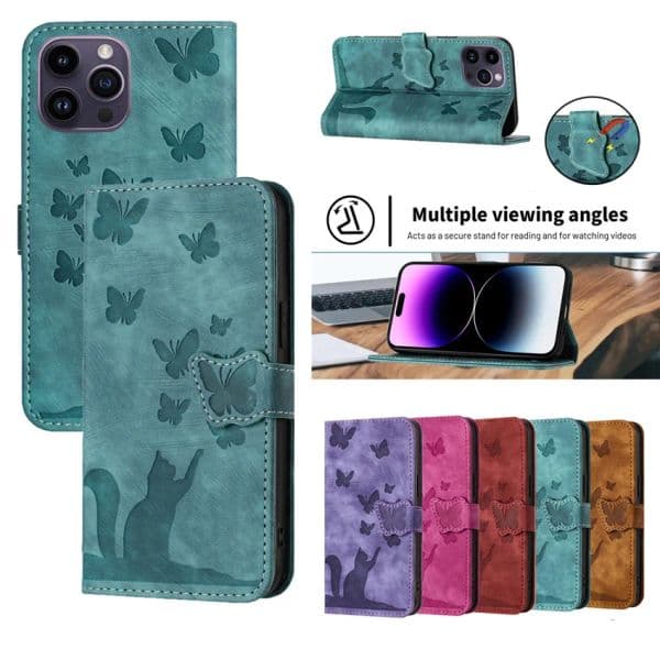 Cute Cat Butterfly Leather Flip Case For iPhone 15 14 7 8 Plus SE 2 2020 X XS XR 13 12 11 Pro Max MINI Phone Wallet Book Cover