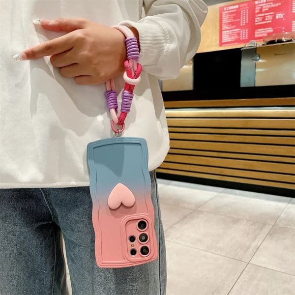 Cute Love Heart Wrist Strap Case for Samsung Galaxy S23 S24 Ultra S22 S21 Plus S20 FE A54 A34 A53 A52 A14 Lanyard Gradient Cover