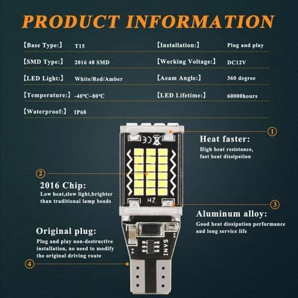 2PCS T15 W16W 921 2025 new 912 T16 902 LED Bulbs High Power Super Bright Replace For Car Reversing Light White Canbus