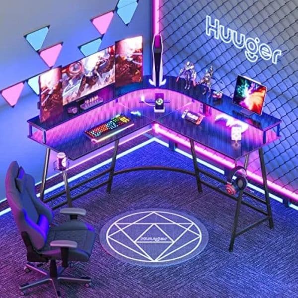 L Shaped Desk Gaming Desk with LED Lights u0026 Power Outlets Computer Desk with Monitor Shelves Home Office Desk Corner Desk