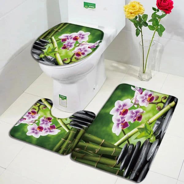 Butterfly Zen Bath Mat Set White Flower Grey Stone Water Nature Scenery Home Carpet Bathroom Decor Non-Slip Rug Toilet Lid Cover