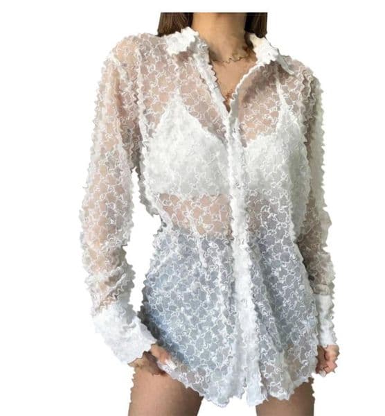 New Women's Hollow lapel Blouses Luxury Brand Fashion Perspective Versatile Mesh Shirts girls Sexy Night club Shirt clothing