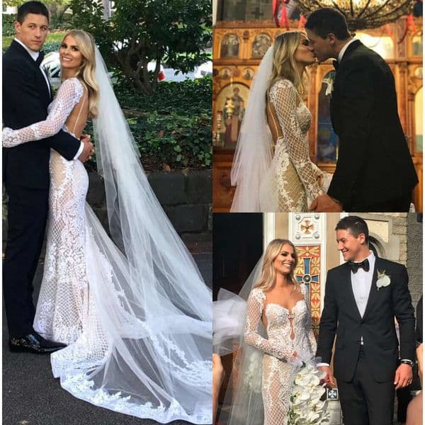 Sweetheart Lace Beauty Full Mermaid Neck Dress Applique Illusion Backless Bridal Gowns Sweep Train Custom Made Wedding Dresses Es