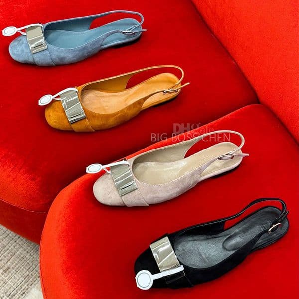 Top quality Square toe flat heel slingback sandals Silver button Genuine Leather Flat dress shoes for womens Luxury designer Women's flats Office shoes Factory