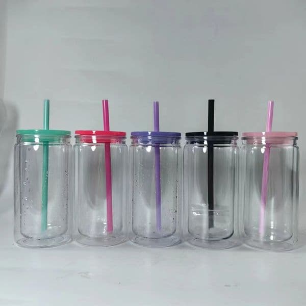 snow globe 16oz plastic with pre-drill stopper mason jar acrylic libbey can cups colored PP lid straw cola food drinks cup student reusable drinking tumbler