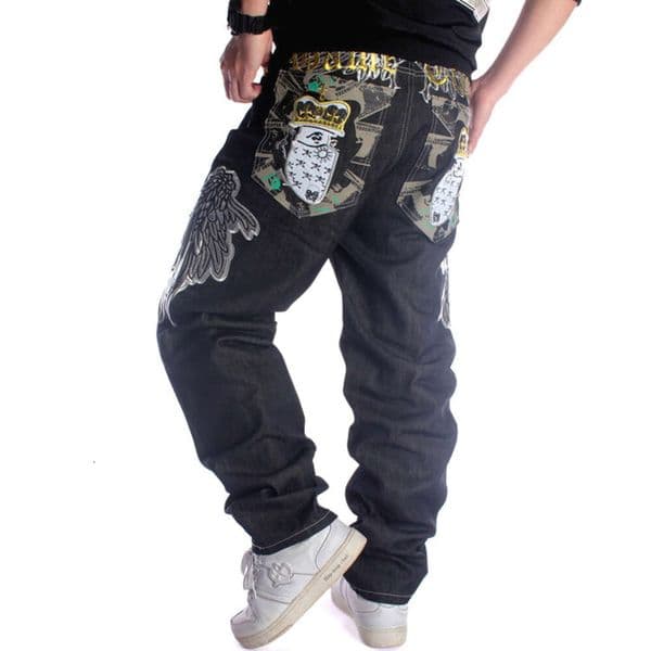 Trendy men's loose fitting straight tube skateboard embroidered flower wings street dance clothing hip-hop denim pants black enlarged M516 82 ddmymarket