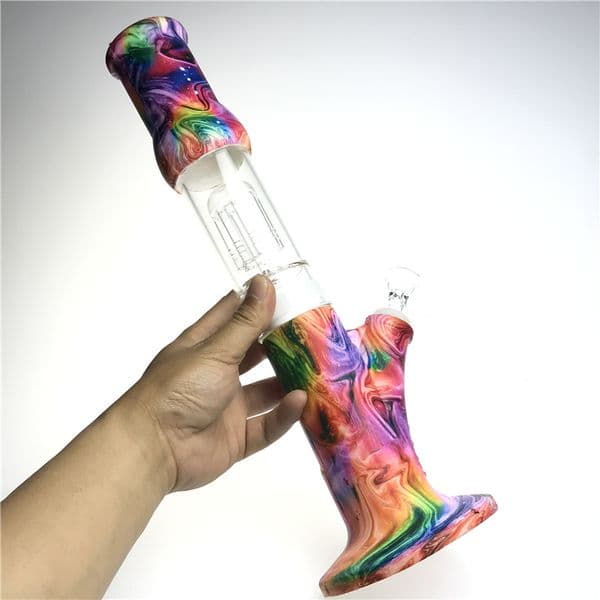 Goodsstore 15 Inch 14mm Female Glass Silicone Bong Colorful Combination Water Smoking Pipe Jellyfish Filtration Downstem Recycler Beaker Glass Bongs Bowl