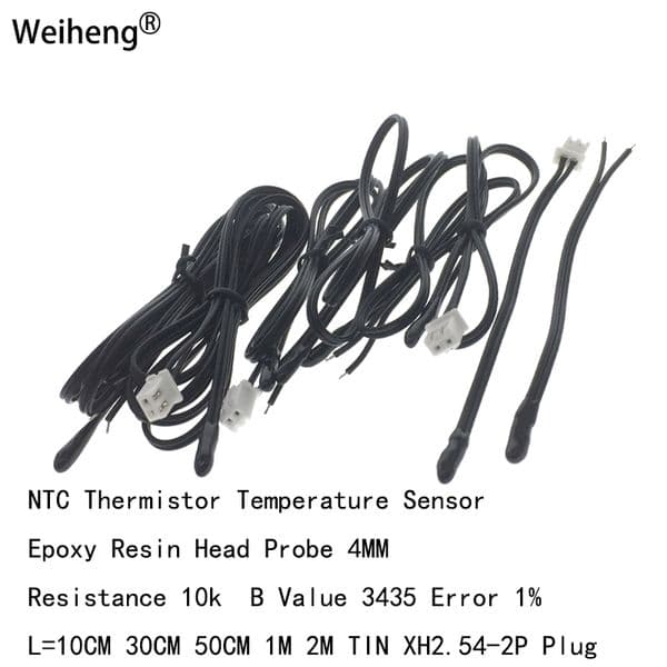 10PCS 10k B3435 NTC Thermistor Temperature Sensor Epoxy Resin Air Probe Line Length 10CM 30CM 50CM 1M 2M XH2.54-2P Plug