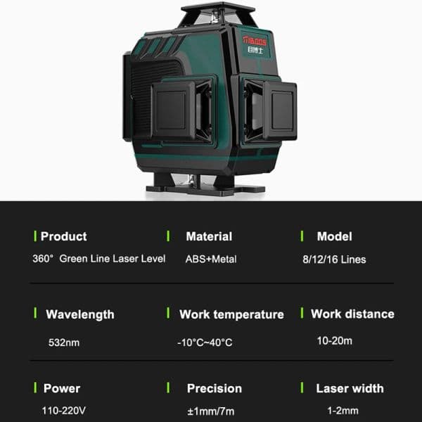16/12/8 Lines 3D 4D Laser Level Remote 360 Green LD Beam Horizontal Vertical Cross Line Self-Leveling Laser Level Home Tool