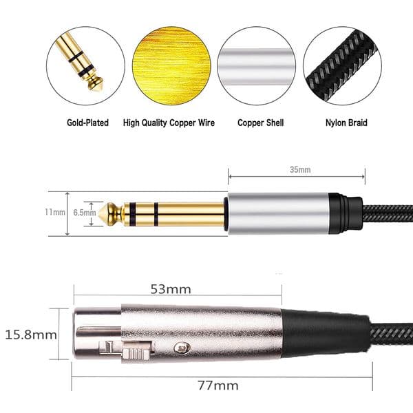 XLR(3-pin) to 1/4 Inch TRS 6.35mm Male To XLR Female Stereo Balanced Cable Interconnect Braid Cord For Guitar Microphone Speaker