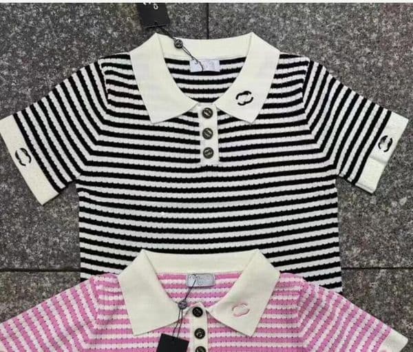 24ss summer Womens luxury designer t-shirt sweet girls knitted knitwear stripe embroidery tshirts short length polos collar slim fit pink color top tees