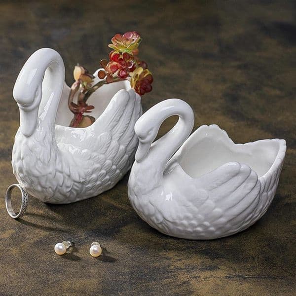 White Ceramic Flower Pot Swan Succulent Plant Pot Candlestick Jewelry Storage Tray Flowerpot White Porcelain Vase Decoration