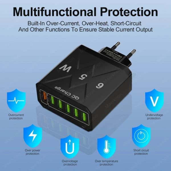 65W USB Charger 6 Ports Fast Charging Phone Power Adapter For iPhone 14 13 Samsung Oneplus Xiaomi Quick Charge 3.0 Wall Charger