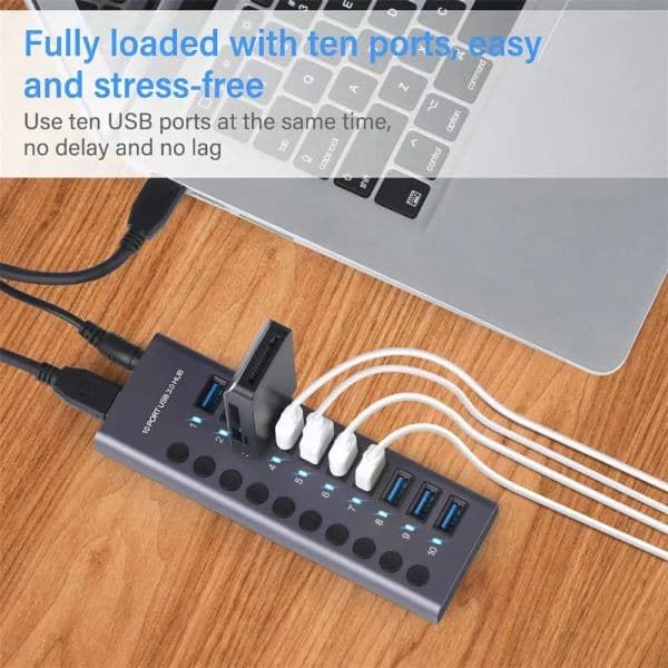MZX 10 7 4 Port USB 3.0 Hub Aluminum Multi Splitter Quick PD Charger Power Adapter Multiple Expander Hubs With Switch For Laptop