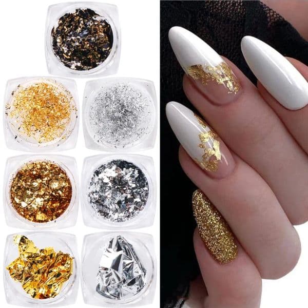 90e9a Hot Sale Flakes Nail Boxes 7 Aluminum Foils Set Gold Sier Irregular Paillette Nail Art Sequins Decorations Glitter Sticker for Manicure