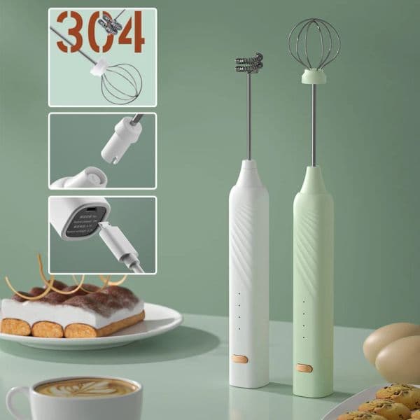 2 In 1 Exchangeable Stirring Heads Handheld Electric Milk Frother 3 Speeds Coffee Mixer Egg Beater Rechargeable Foam Maker Tools