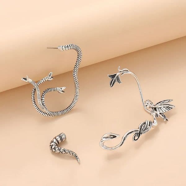 Gothic Three Headed Snake Earrings For Women Jewelry Vintage Elf Wing Ear Cuffs Earrings For Whole Ear 2023 Trendy Metal Jewelry